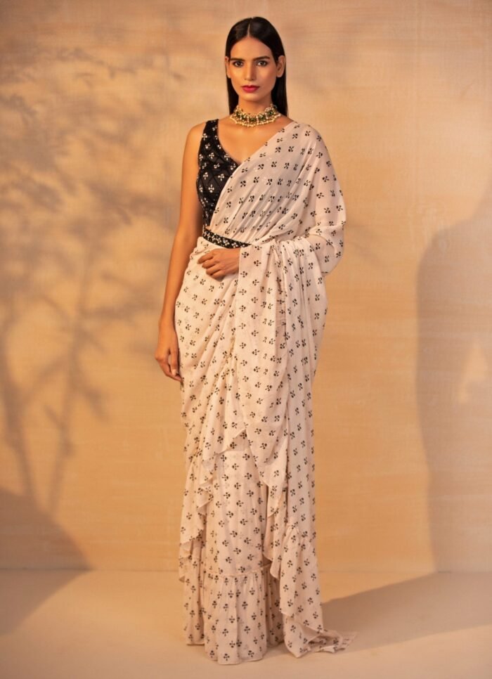 Ivory Printed Georgette Ruffle Saree With Black Blouse