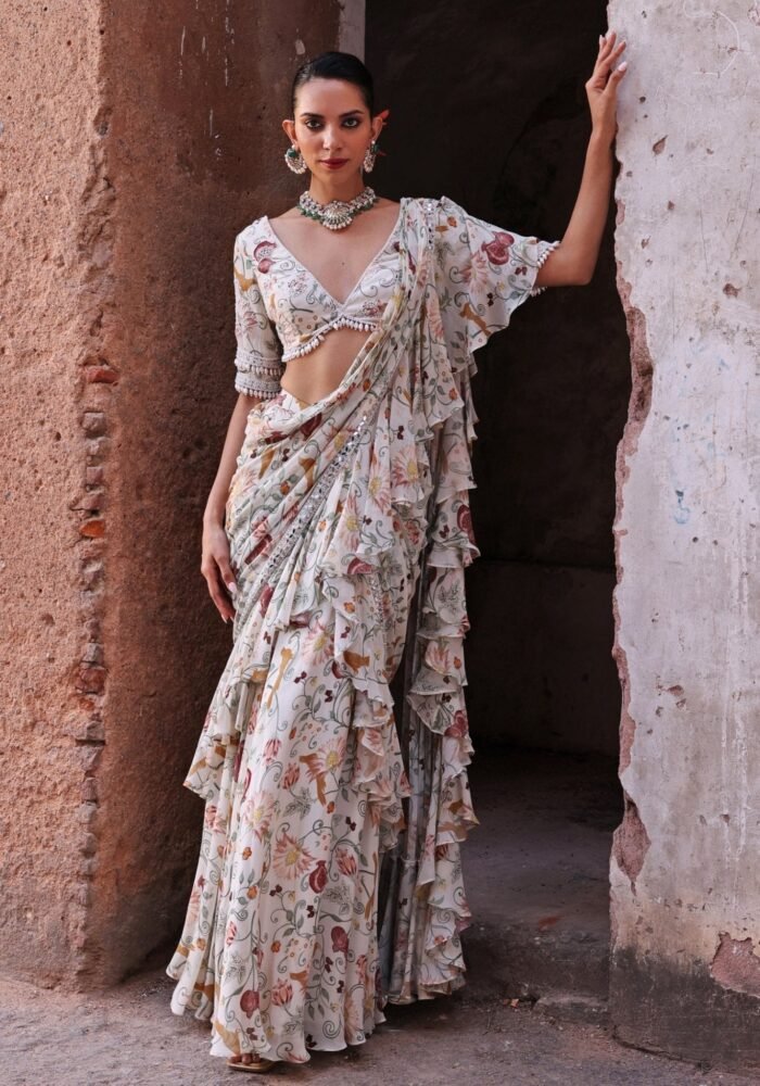Ivory Printed Pre-Stitched Ruffle Saree