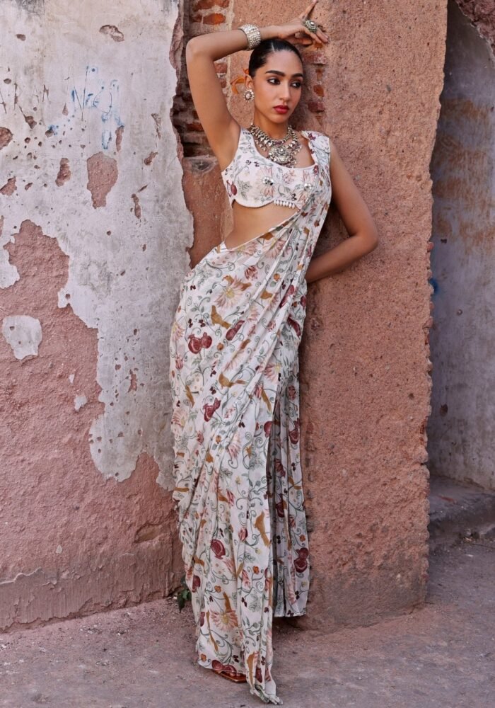Ivory Printed Pre-Stitched Saree