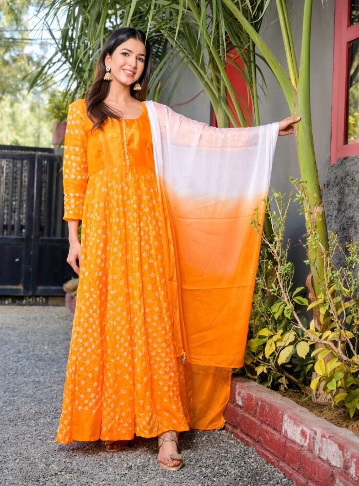 Women's Yellow Bandhani Anarkali Kurta With Dupatta