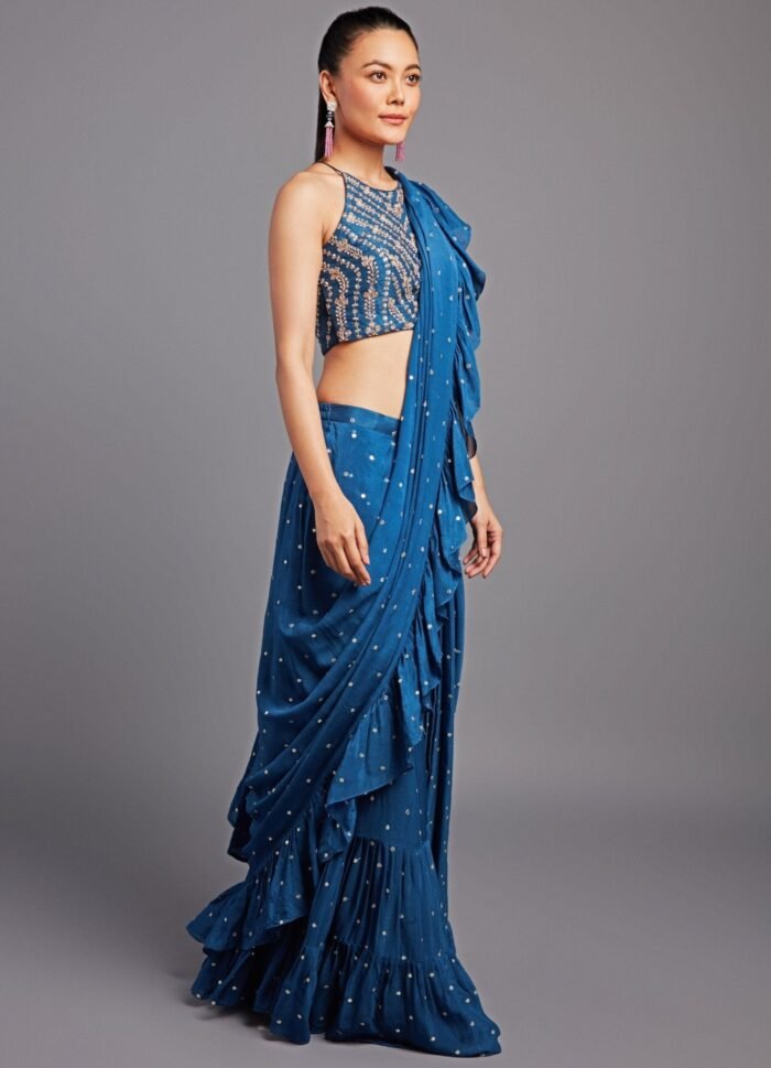 Kim Teal Blue Pre-Stitched Ruffle Saree