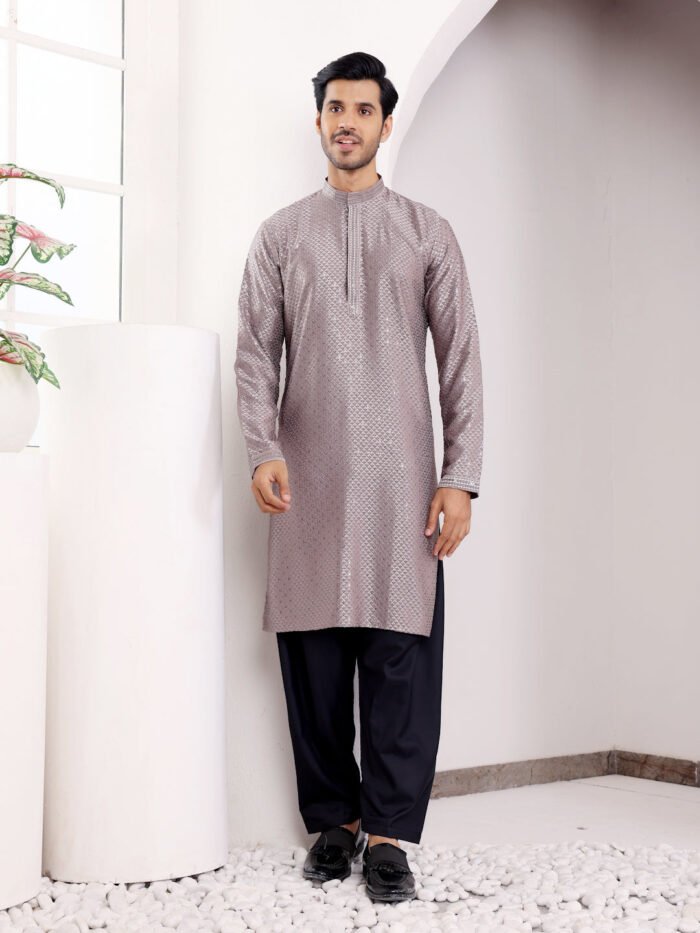 Men's Dark Grey Viscose Embroidery Kurta