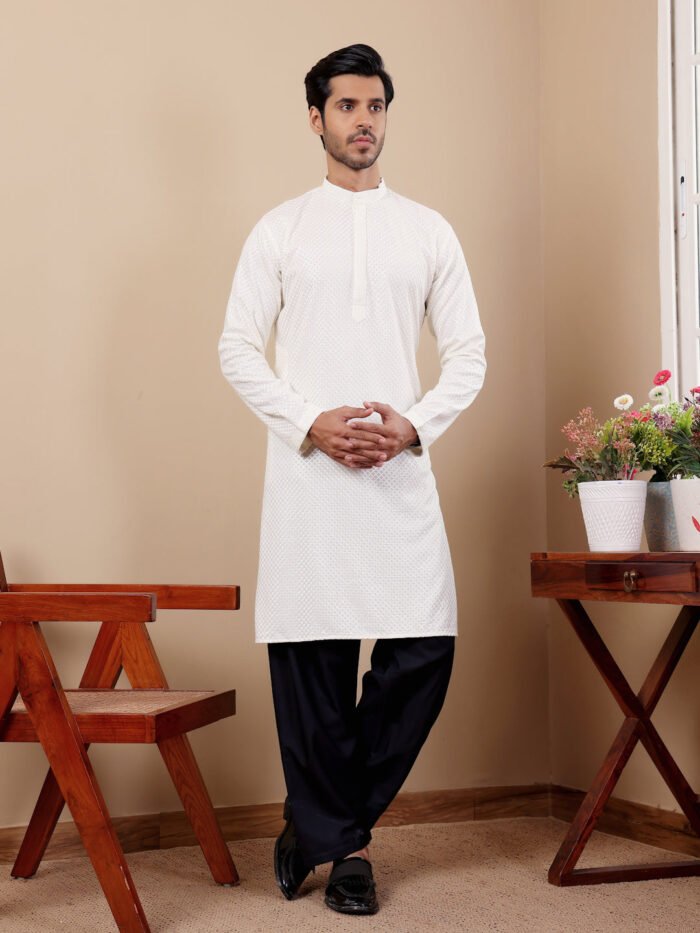 Men's White Viscose Embroidery Kurta