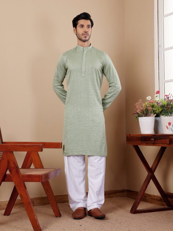 Men's Pastel Green Viscose Embroidery Kurta