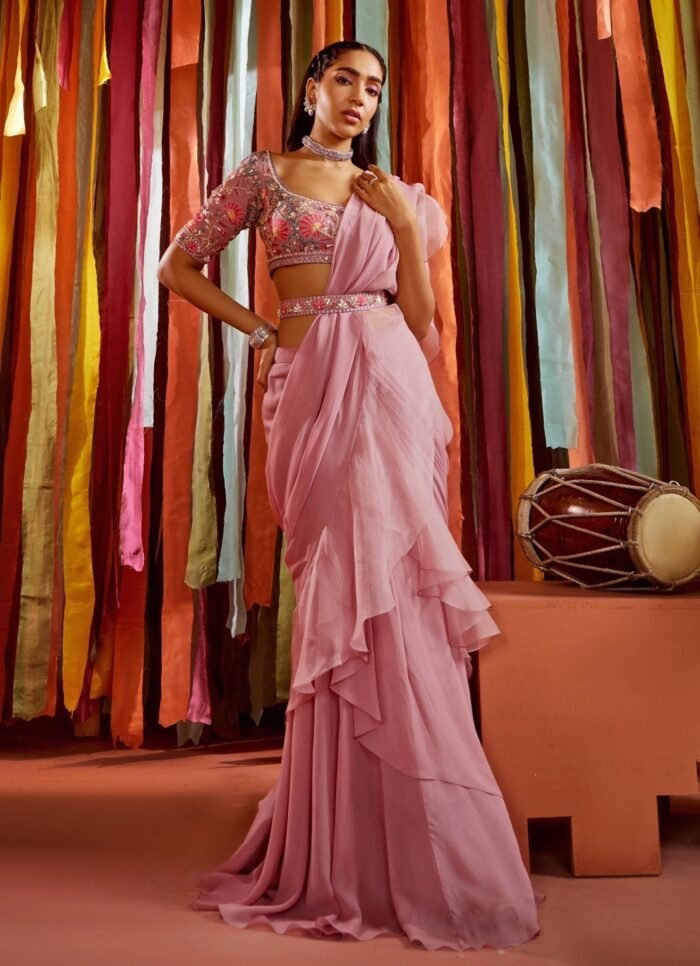 Lilac Embroidered Georgette Predraped Ruffle Saree