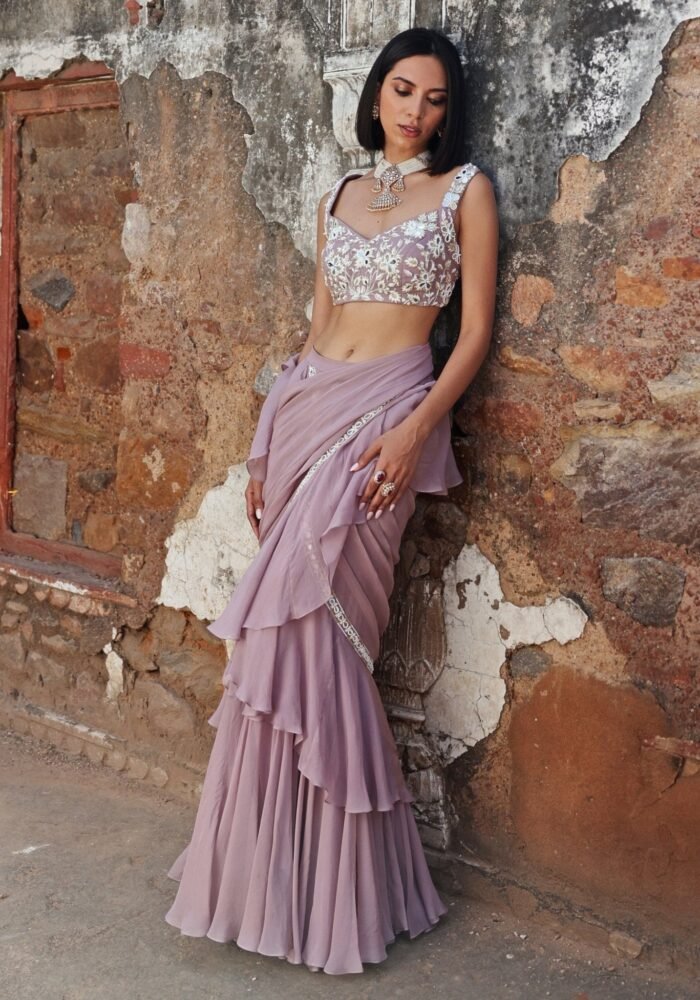 Lilac Pre Draped Ruffle Saree