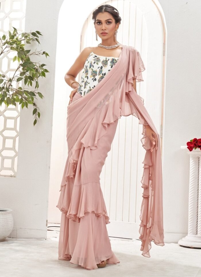 Lilac Predraped Ruffle Georgette Saree With Ivory Corset