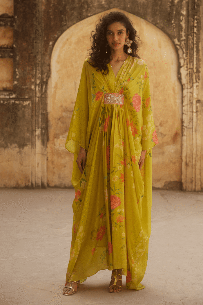 Lime Yellow Floral Silk Kaftan