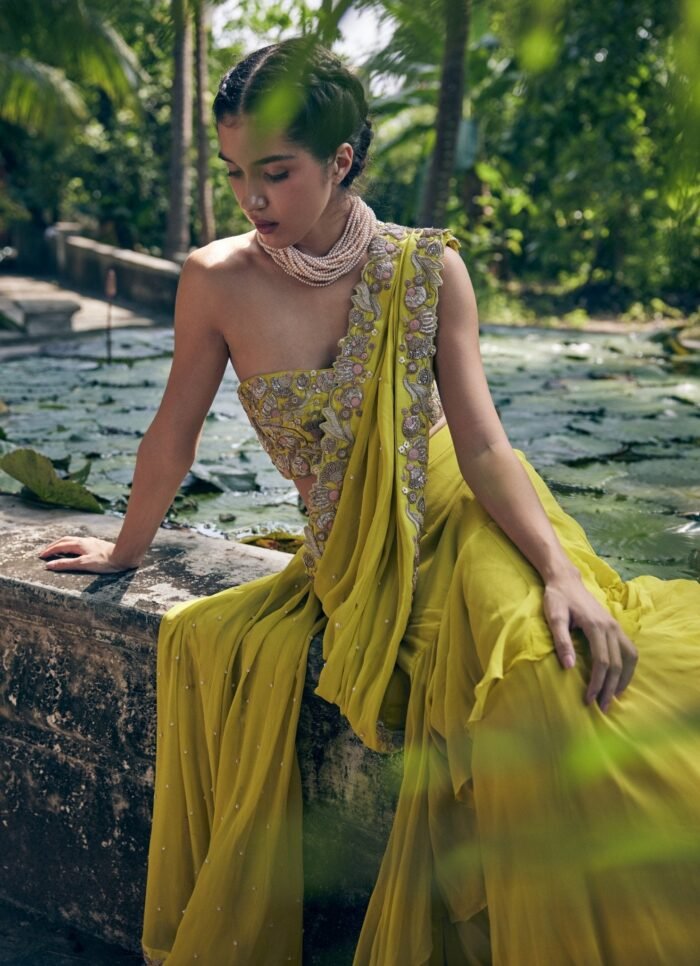 Lime Yellow Pre Draped Georgette Saree With Corset