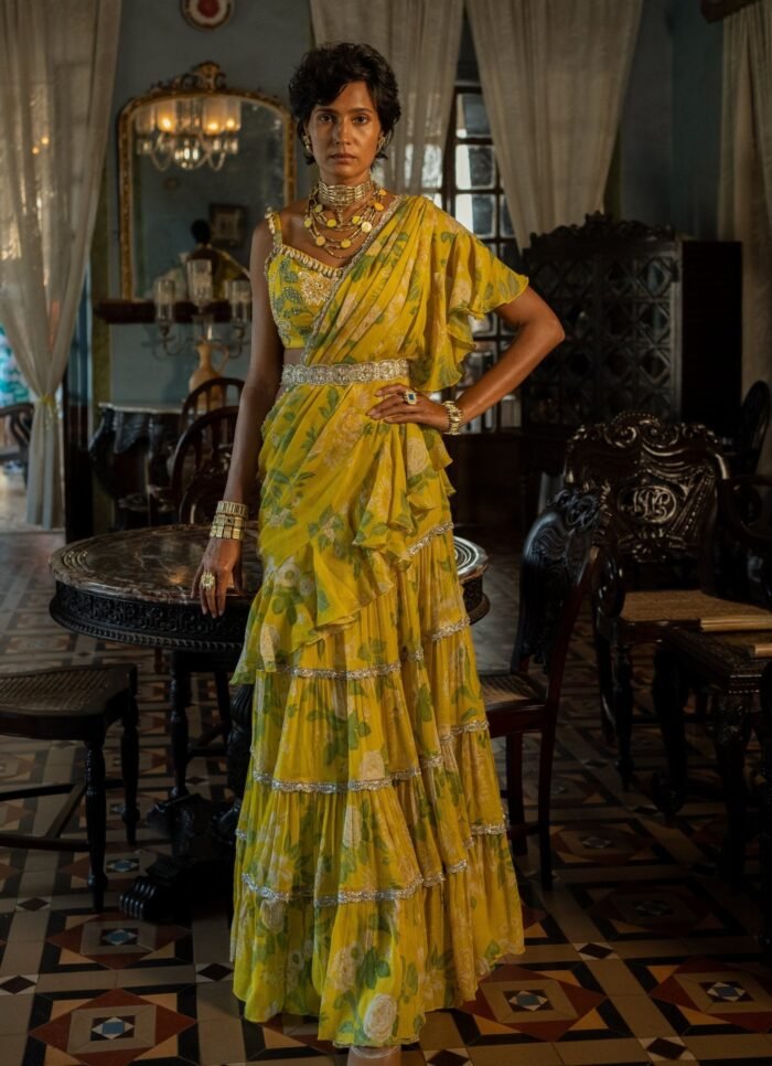 Lime Yellow Printed Predraped Chiffon Saree