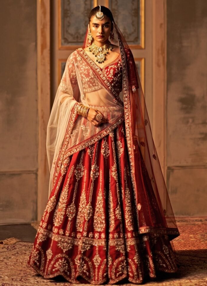 Maroon Red And Ivory Raw Silk Double Dupatta Lehenga Set