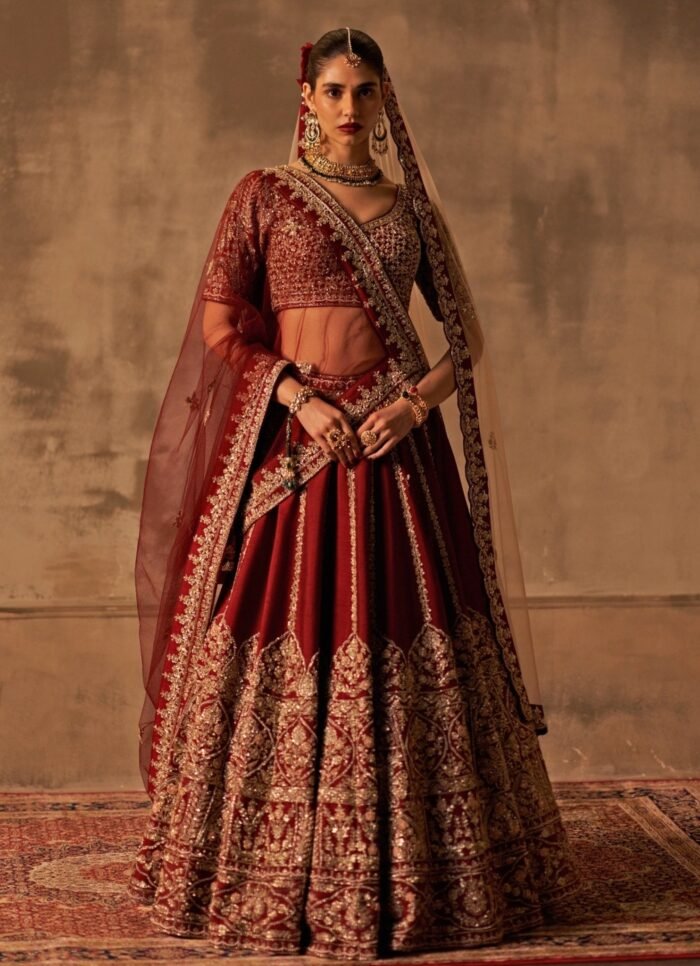 Maroon Red Raw Silk Lehenga Set With Double Dupatta