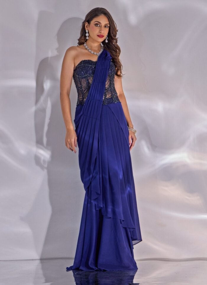Midnight Blue Georgette Pre-Draped Saree With Corset Blouse