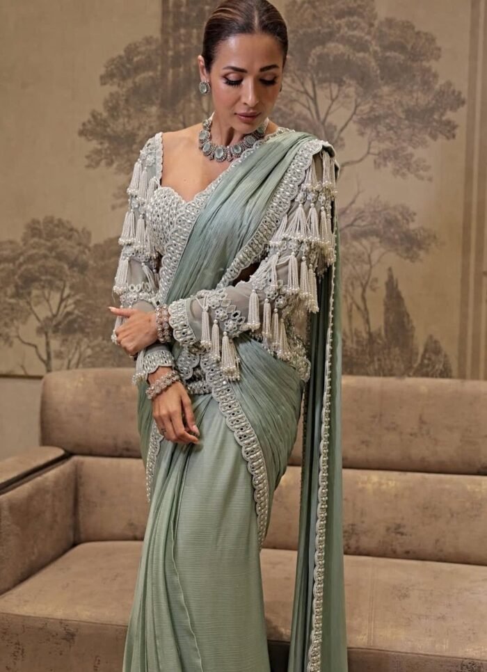 Mint Green Chandelier Drop Pre Draped Saree