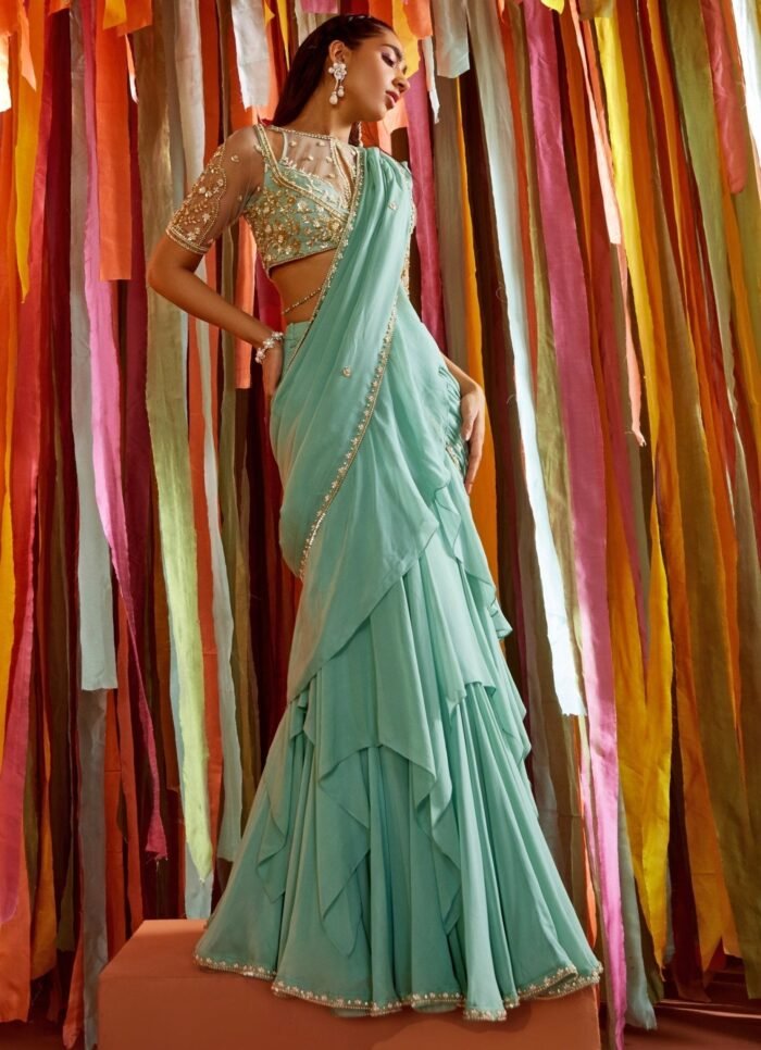 Mint Green Embroidered Georgette Predraped Ruffle Saree