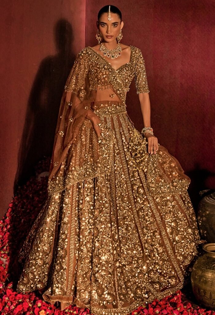Mocha Brown Embroidered Soft Net Lehenga Set