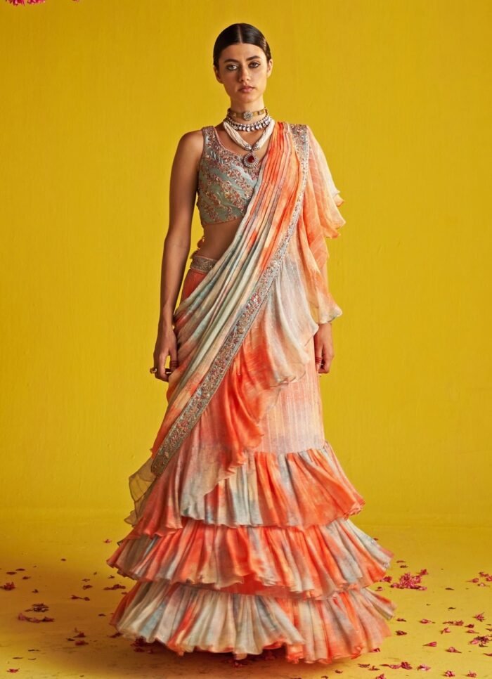 Multicolor Embroidered Georgette Ruffle Saree