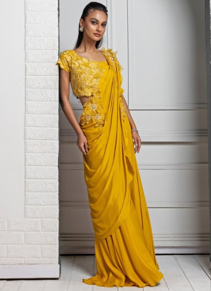 Mustard Yellow Embroidered Pant Saree