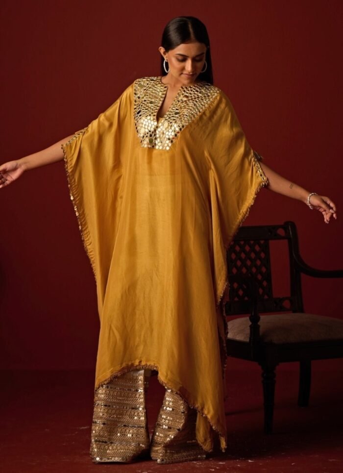 Mustard Yellow Mirror Embroidered Tissue Kaftan Set