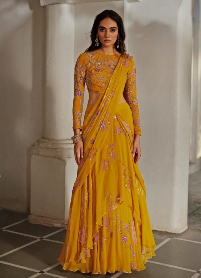Mustard Yellow Printed Chiffon Predraped Saree
