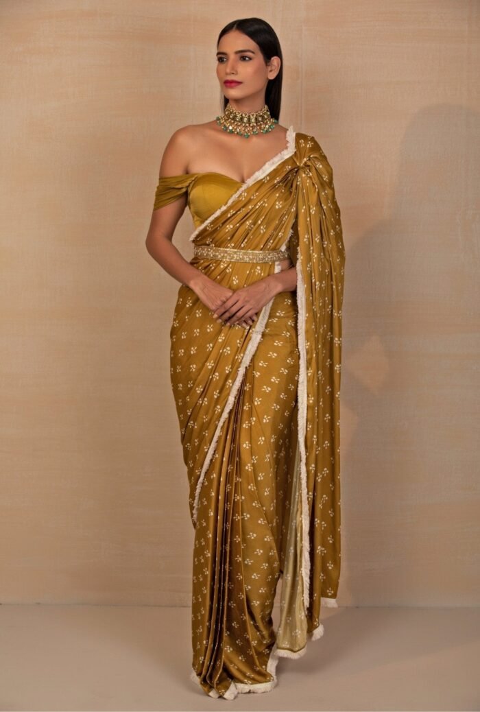 Mustard Yellow Printed Satin Pre-Draped Saree With Corset