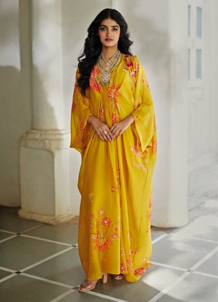 Mustard Yellow Printed Silk Organza Kaftan