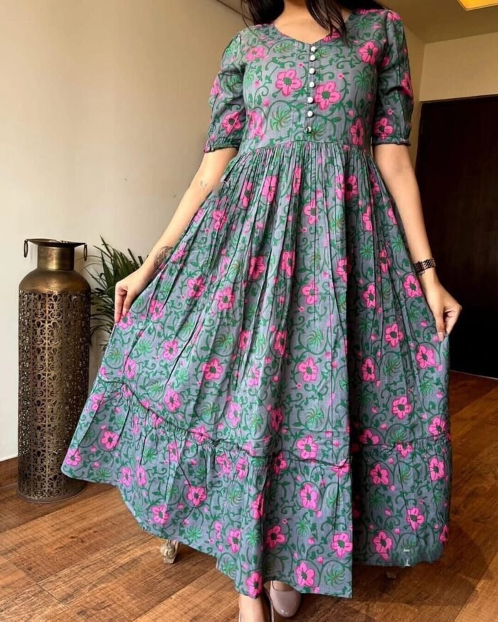 Women's Grey Rayon Printed Round Neck Anarkali Gown