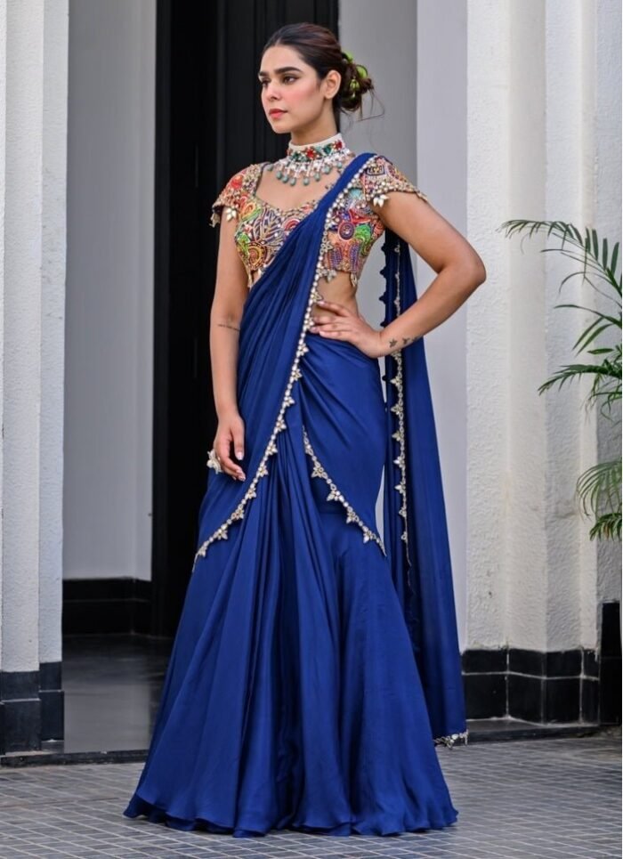 Navy Blue Chiffon Predraped Saree With Sequins Blouse