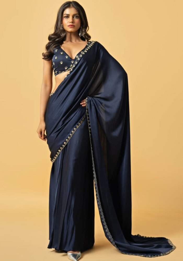 Navy Blue Embroidered Pre Draped Saree