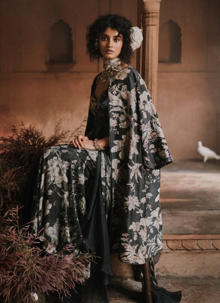 Navy Blue Printed Chiffon Predraped Saree