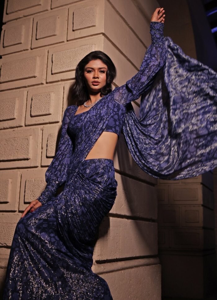 Navy Blue Printed Georgette Pre-Draped Saree