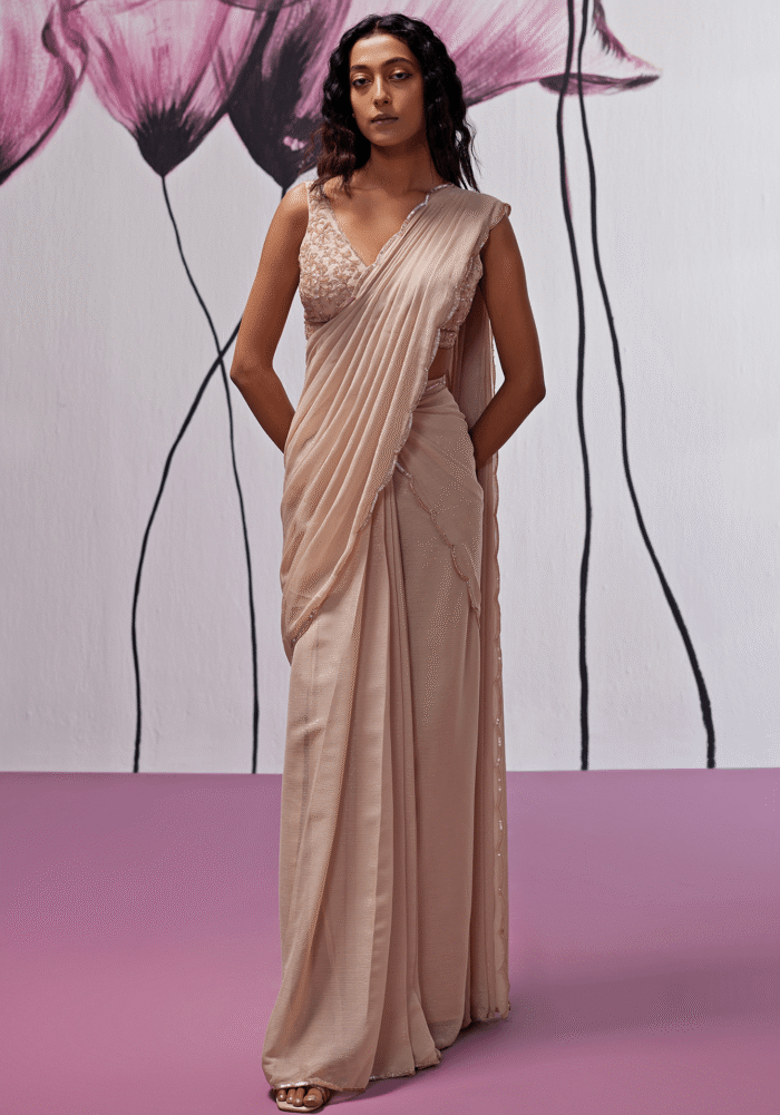 Nude Gold Georgette Embroidered Pre-Stitched Saree