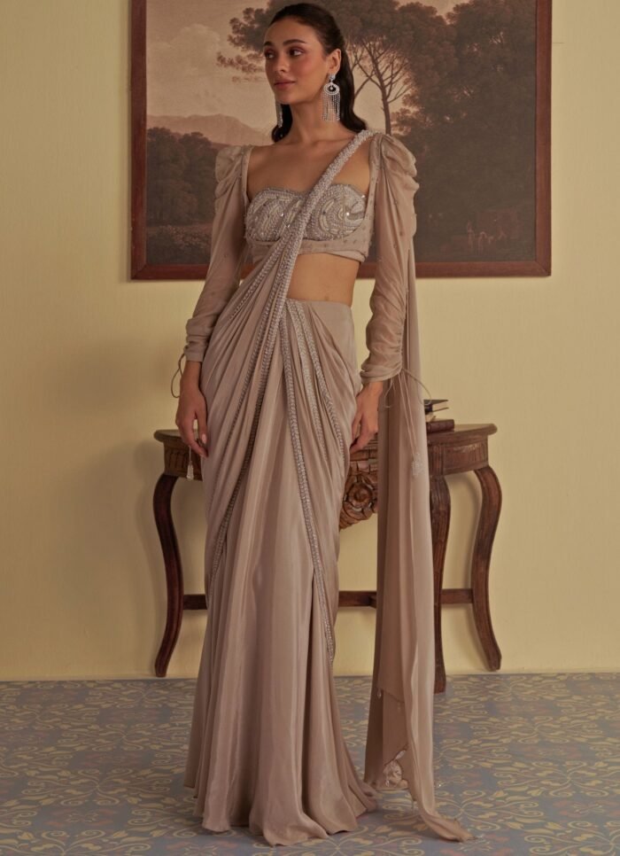 Nude Gold Predraped Crepe Saree