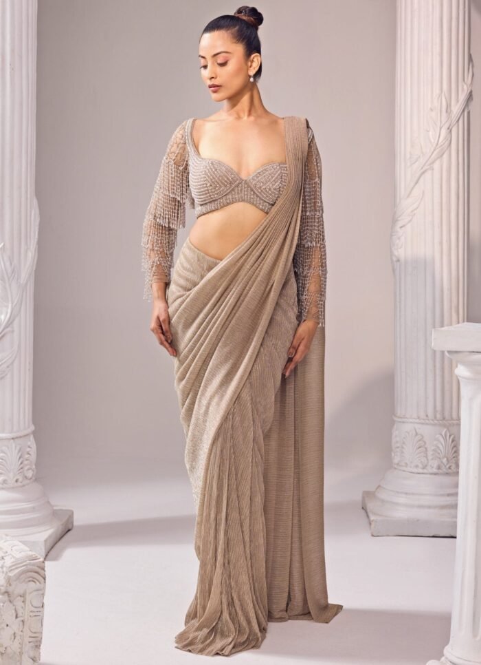 Nude Gold Shimmer Predraped Saree