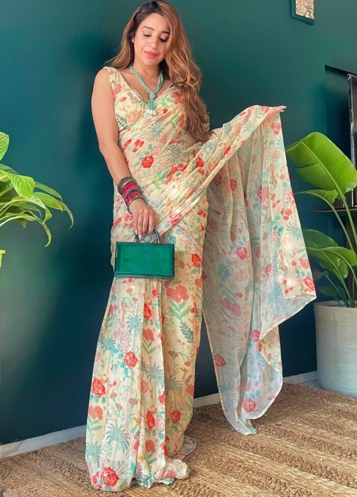 Off-White Printed Georgette Saree