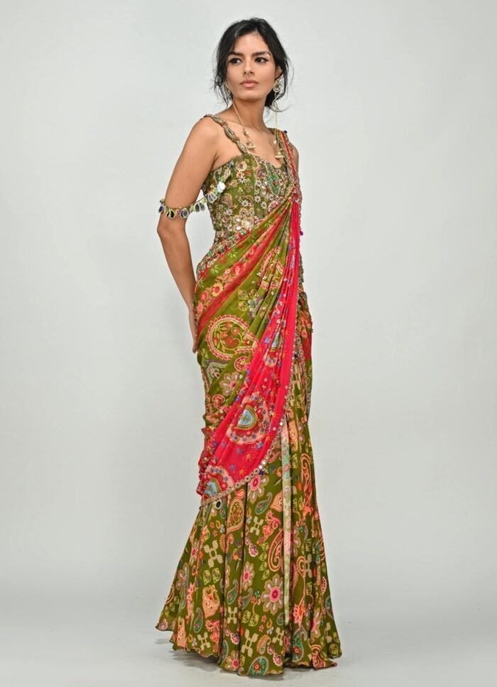 Olive And Pink Printed Chiffon Predraped Saree With Corset