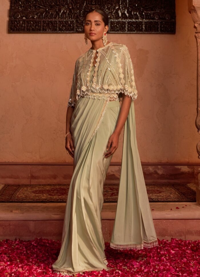 Olive Green Embellished Pre-Draped Silk Saree With Cape