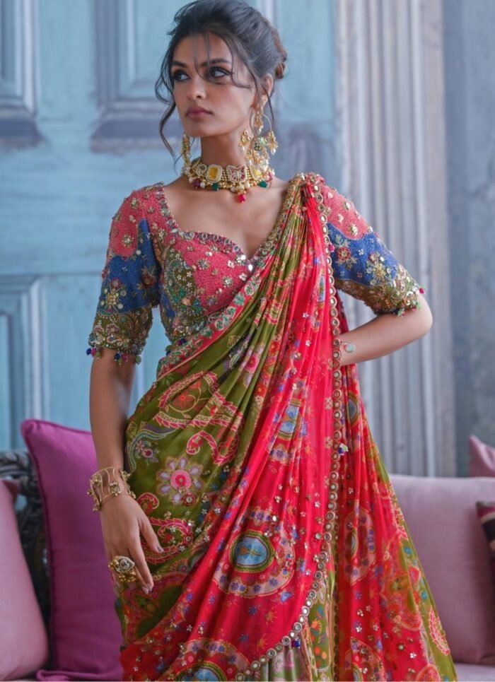 Olive Green Printed Embroidered Chiffon Predraped Saree
