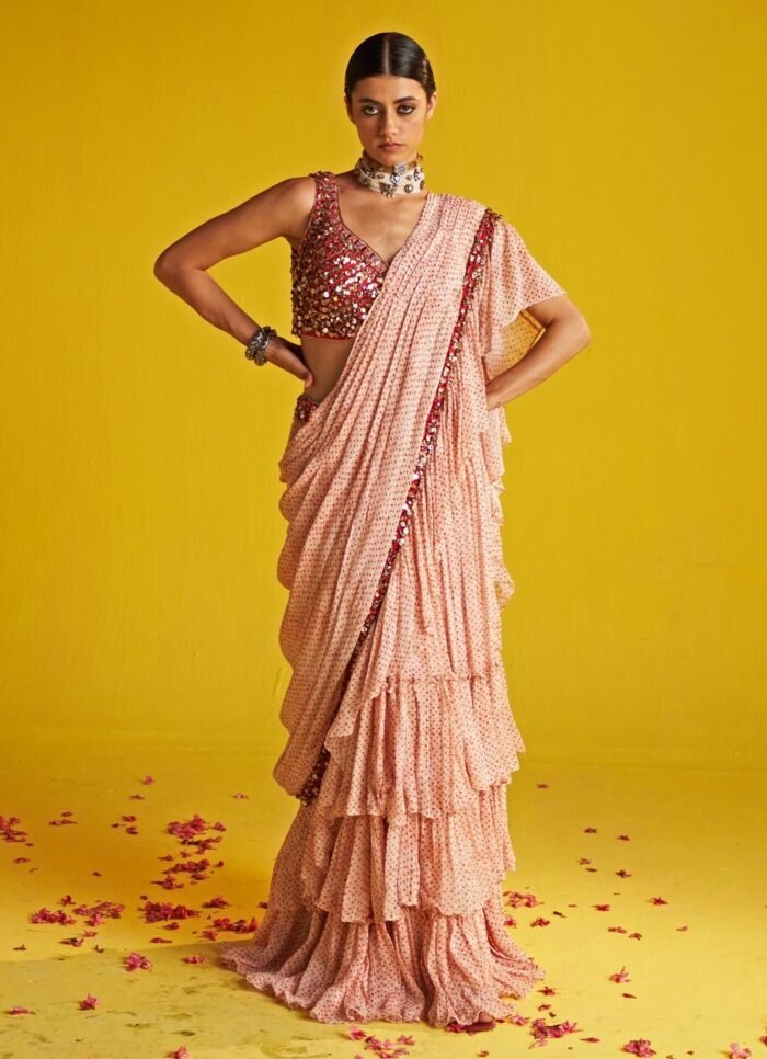 Orange And Ivory Embroidered Georgette Ruffle Saree