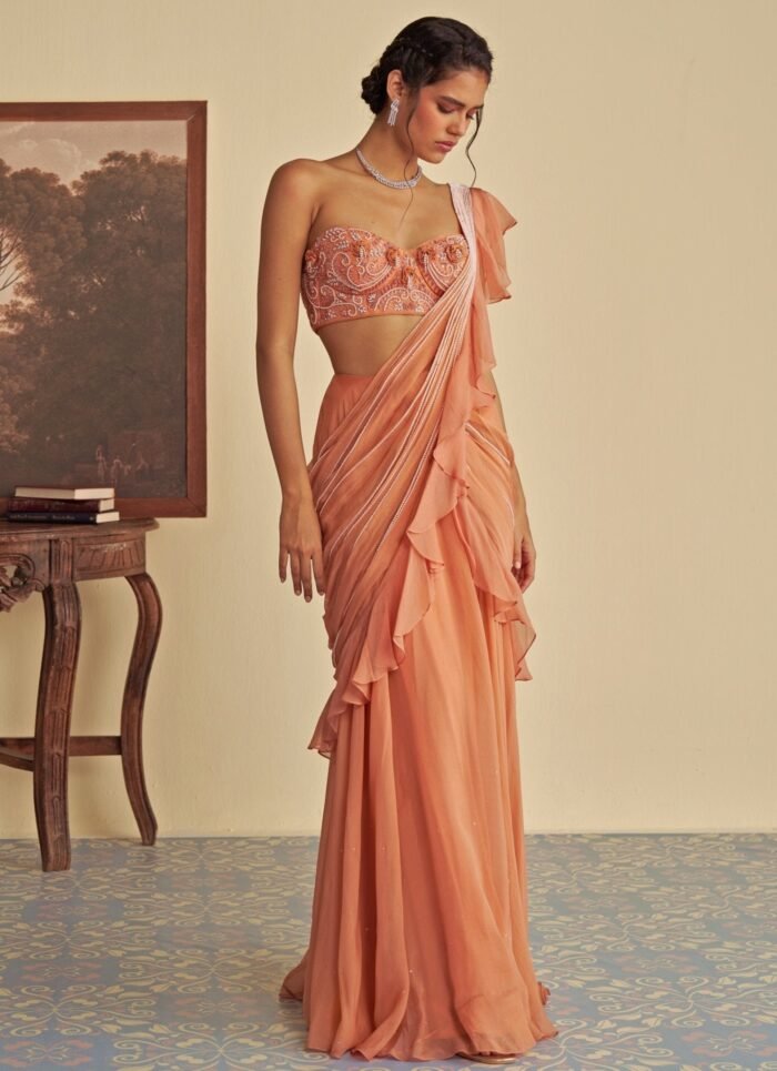 Orange Predraped Ruffle Organza Saree