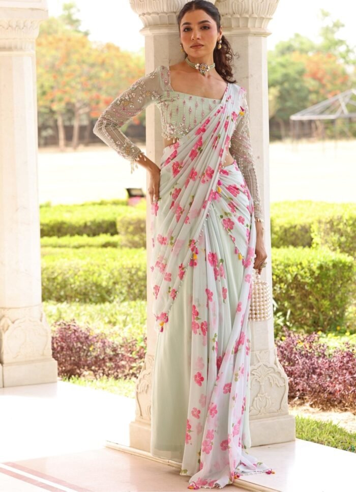Pastel Green Floral Print Georgette Predraped Saree