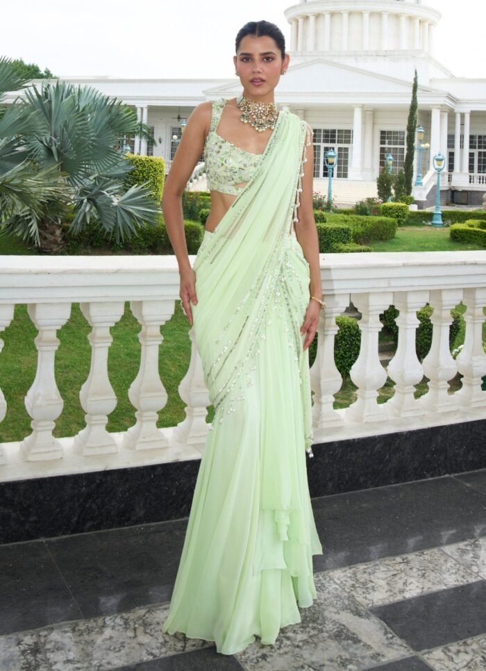 Pastel Green Sequinned Georgette Predraped Saree