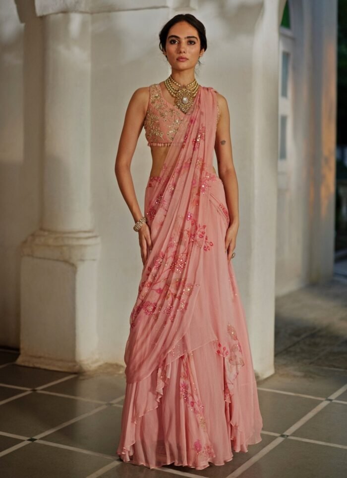 Pastel Pink Printed Chiffon Pre-Draped Saree