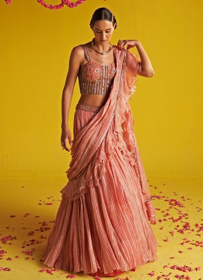 Peach And Ivory Embroidered Georgette Ruffle Saree