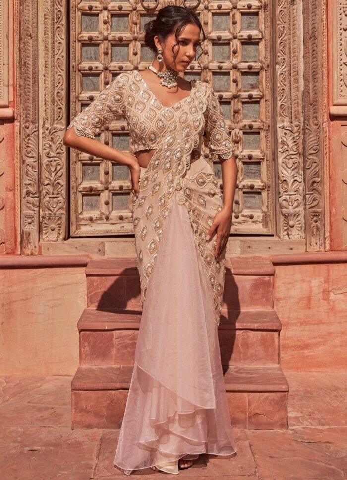 Peach Pre-Draped Ruffled Embellished Silk Saree With Blouse