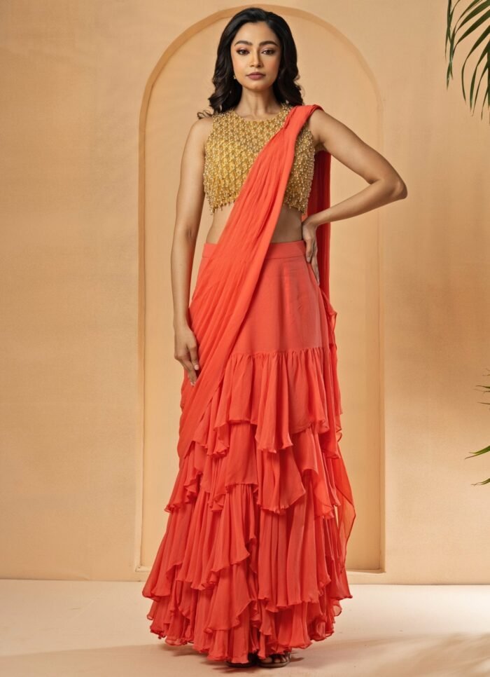 Peach Pre-Stitched And Draped Georgette Ruffle Saree