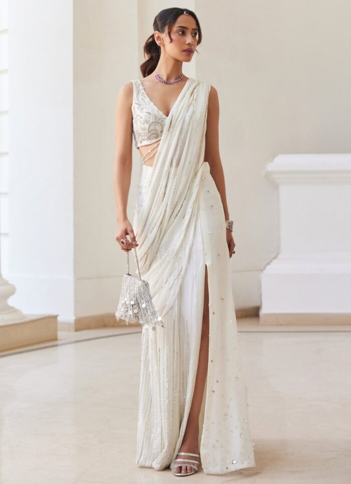 Pearl White Embroidered Georgette Slit Saree