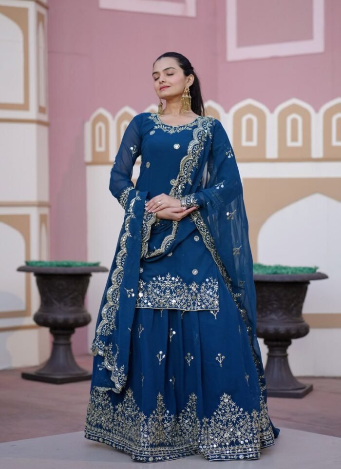Women's Blue Colour Faux Georgette Fully Stitched Pakistani Sharara Suit