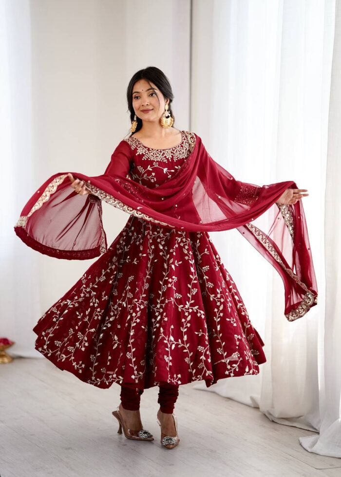 Women's Maroon Georgette Embroidery Anarkali Set
