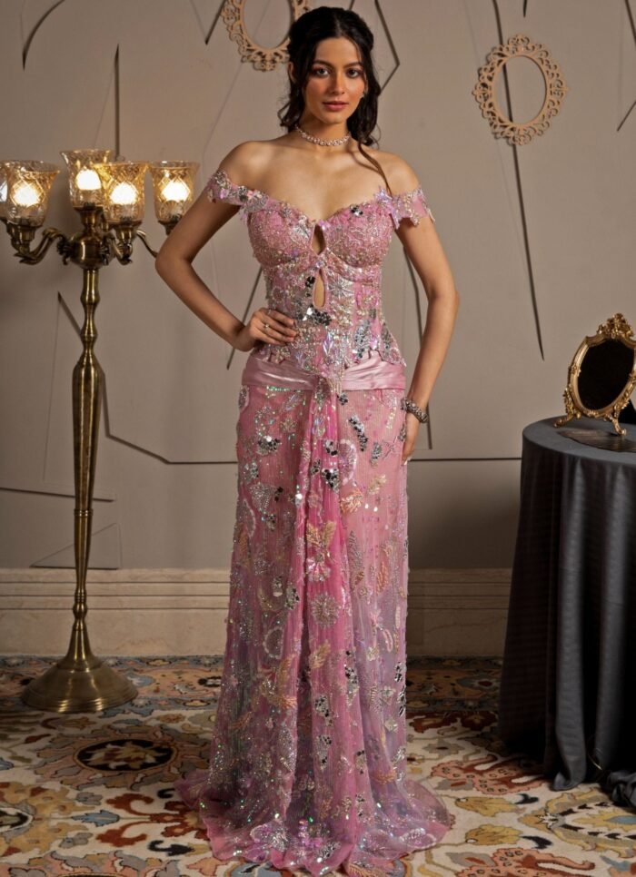 Pink Embroidered Shimmer Net Predraped Saree With Corset